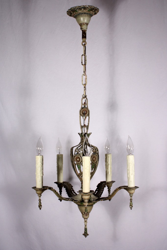 SOLD Delightful Antique Five-Light Chandelier, Original Polychrome Finish-18920