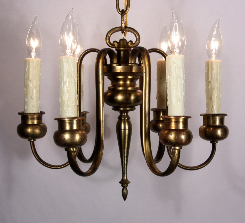 SOLD Marvelous Antique Colonial Revival Six-Light Chandelier, Brass-0