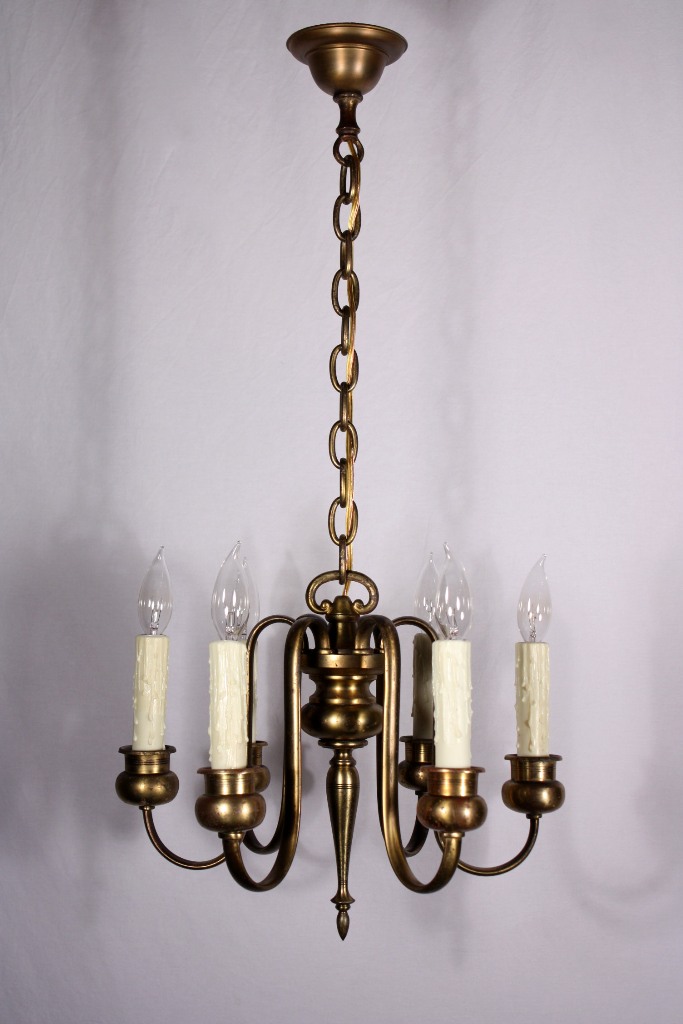 SOLD Marvelous Antique Colonial Revival Six-Light Chandelier, Brass-19013