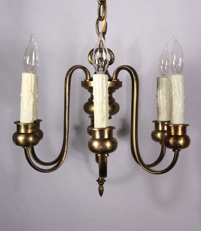 SOLD Marvelous Antique Colonial Revival Six-Light Chandelier, Brass-19009