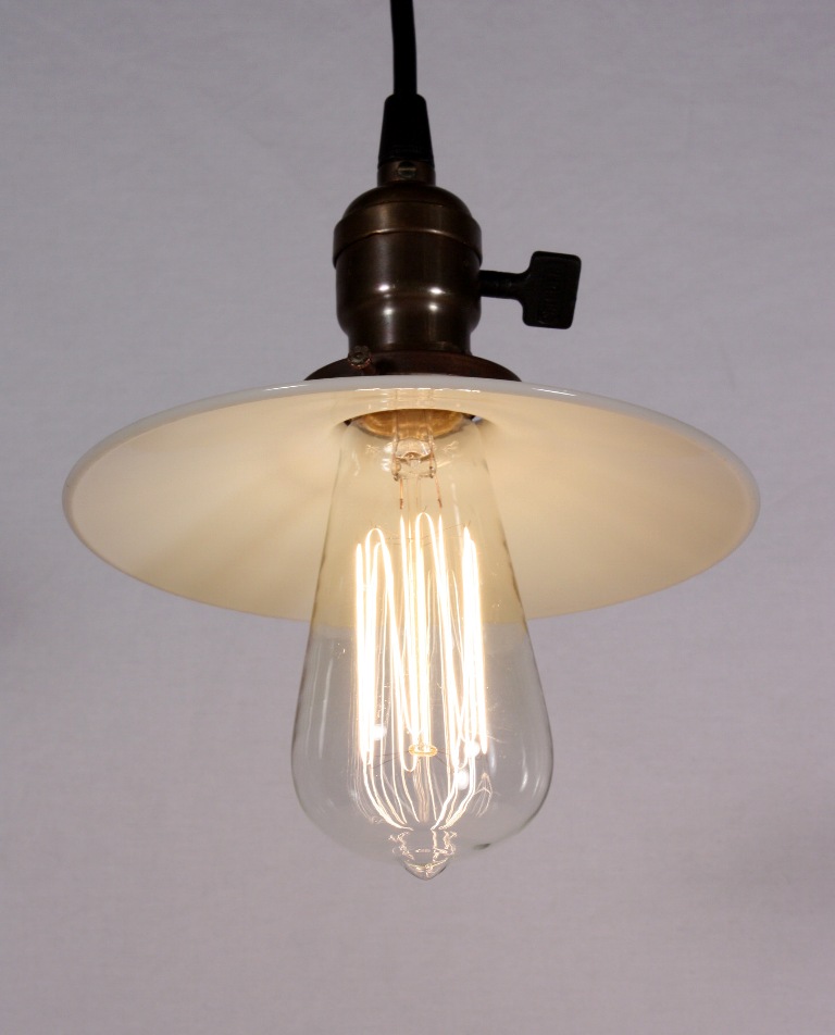 SOLD Set of Three Matching Antique Industrial Pendant Lights with Milk Glass Shades, c. 1905-19060