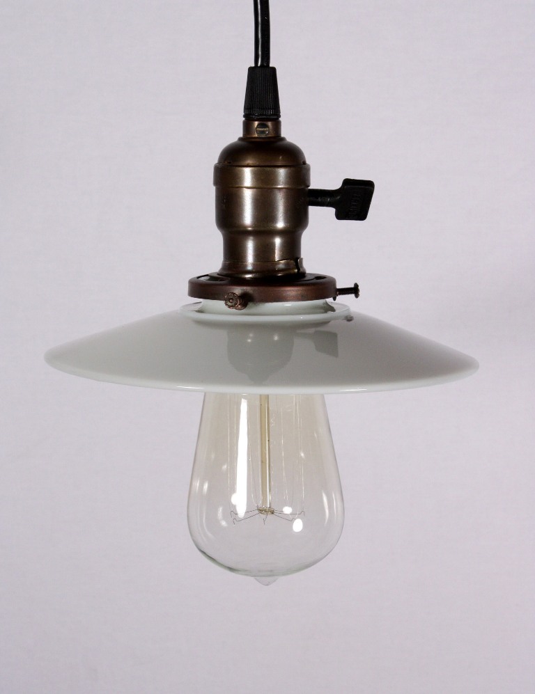 SOLD Set of Three Matching Antique Industrial Pendant Lights with Milk Glass Shades, c. 1905-19063