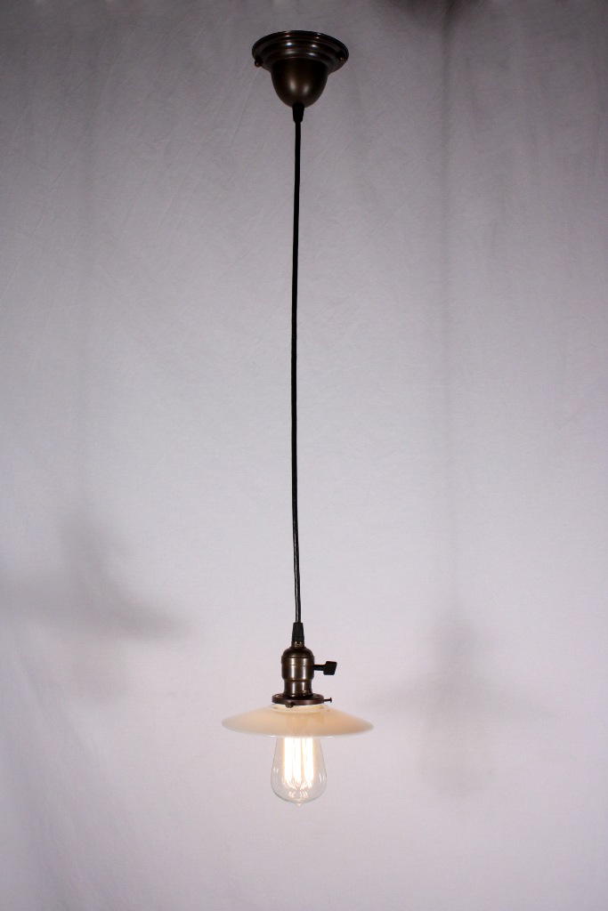 SOLD Set of Three Matching Antique Industrial Pendant Lights with Milk Glass Shades, c. 1905-19062