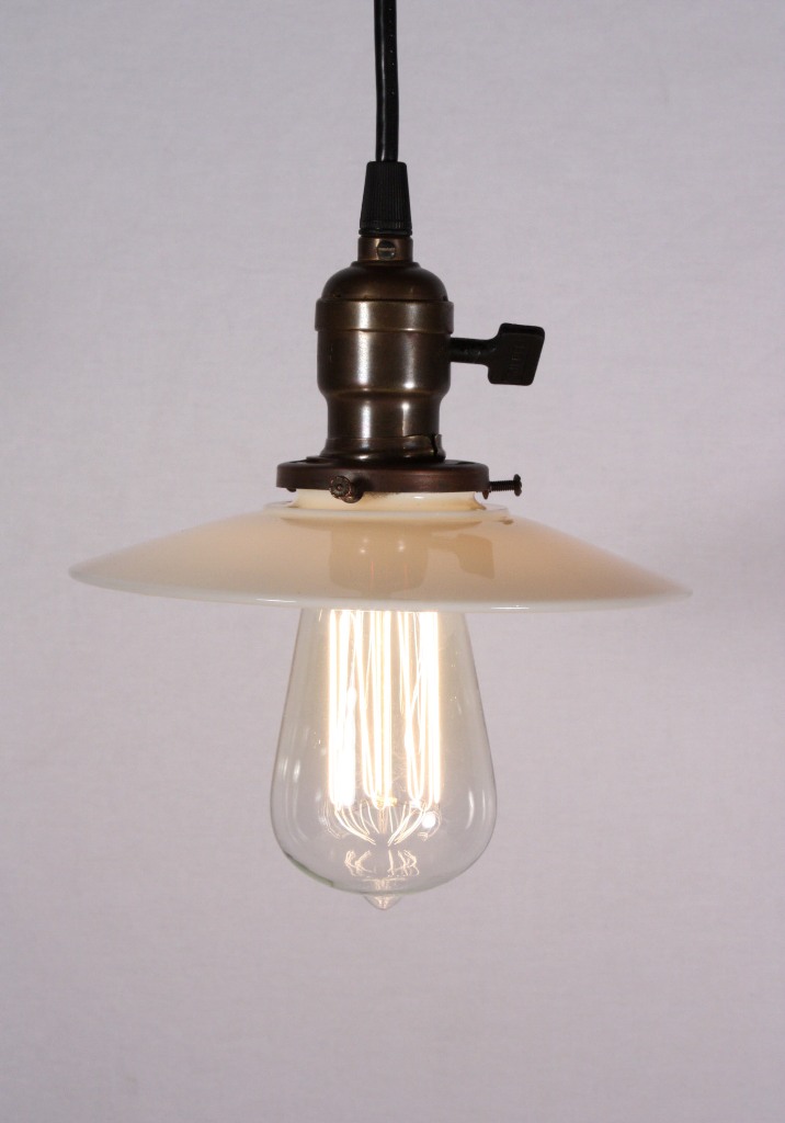 SOLD Set of Three Matching Antique Industrial Pendant Lights with Milk Glass Shades, c. 1905-19064