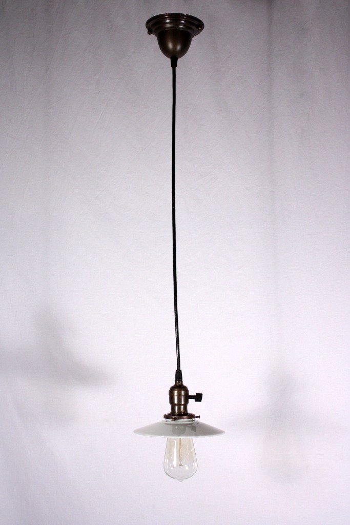 SOLD Set of Three Matching Antique Industrial Pendant Lights with Milk Glass Shades, c. 1905-19061