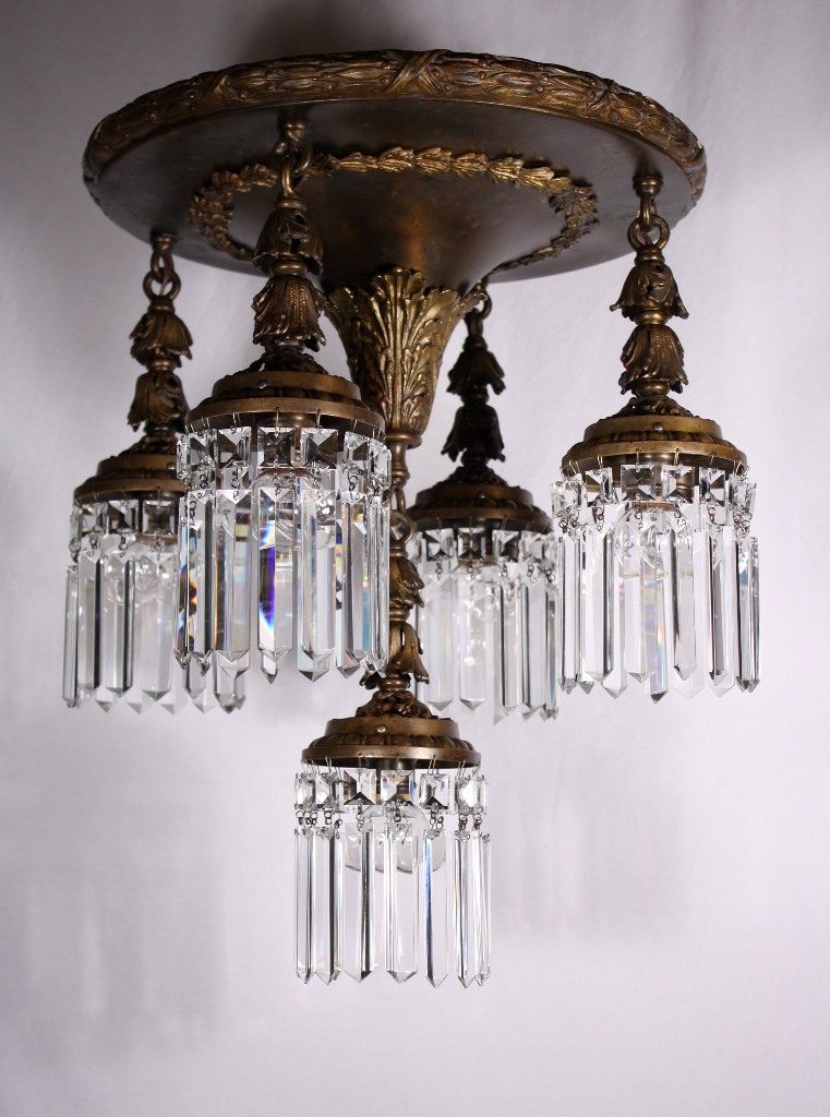 SOLD Magnificent Antique Georgian Bronze Five-Light Chandelier with Crystal, 19th Century-19104