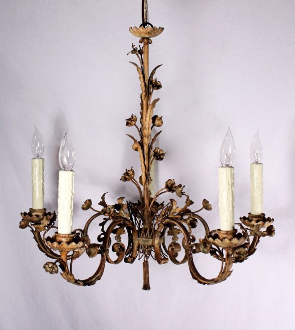 SOLD Rare Antique Iron Five-Light Chandelier with Flowers & Leaves-0