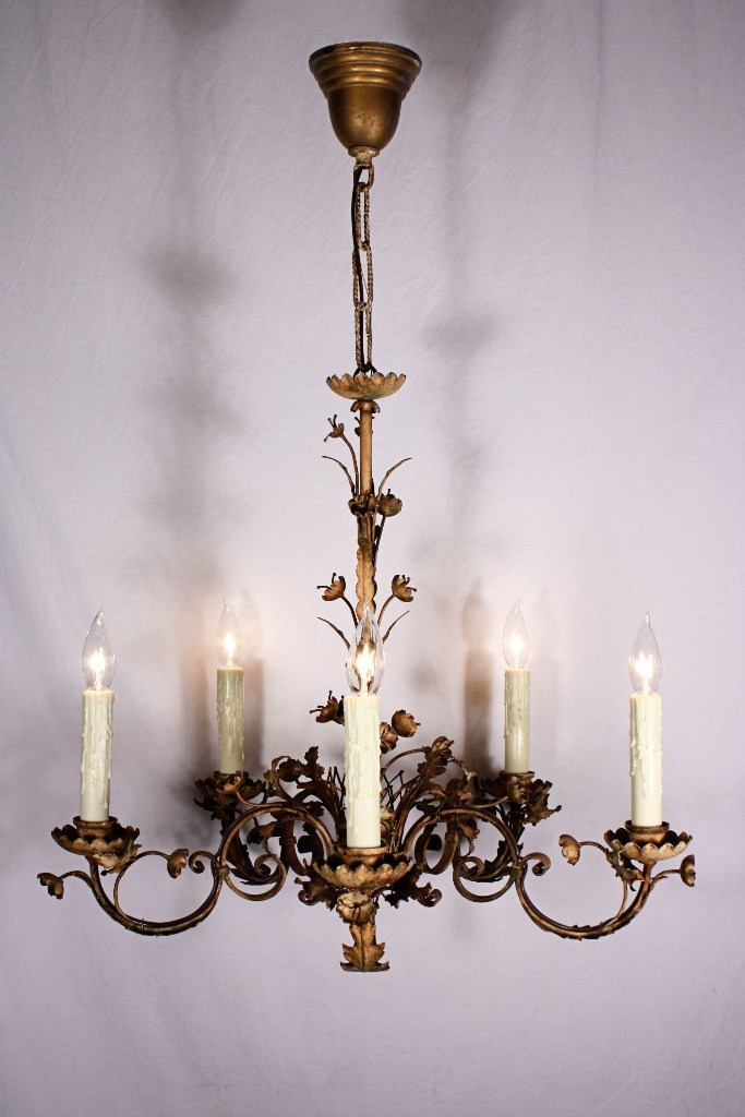 SOLD Rare Antique Iron Five-Light Chandelier with Flowers & Leaves-19163