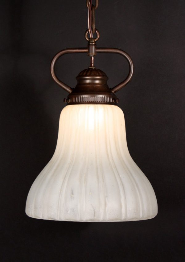 SOLD Delightful Antique Brass Pendant Light with Ribbed Shade-0