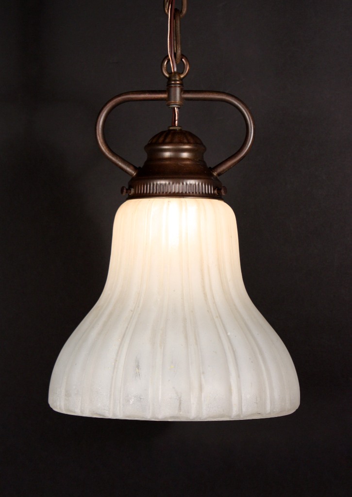 SOLD Delightful Antique Brass Pendant Light with Ribbed Shade-0