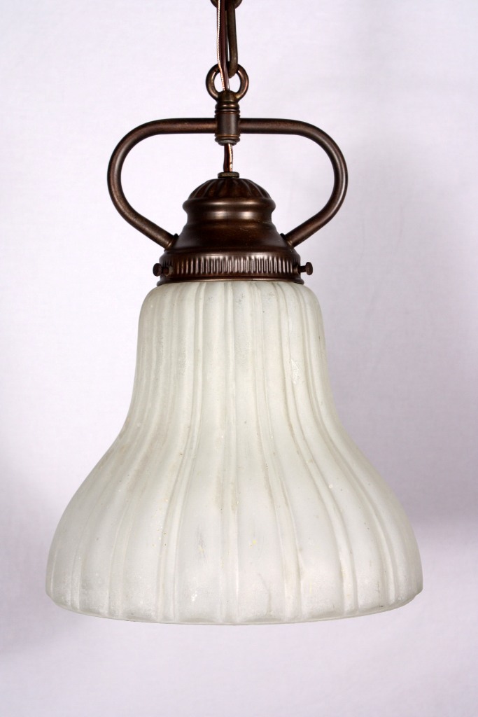 SOLD Delightful Antique Brass Pendant Light with Ribbed Shade-19206