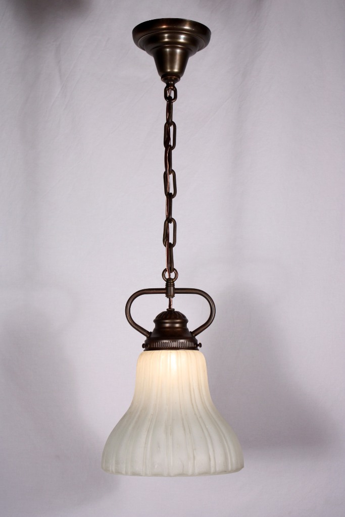 SOLD Delightful Antique Brass Pendant Light with Ribbed Shade-19207