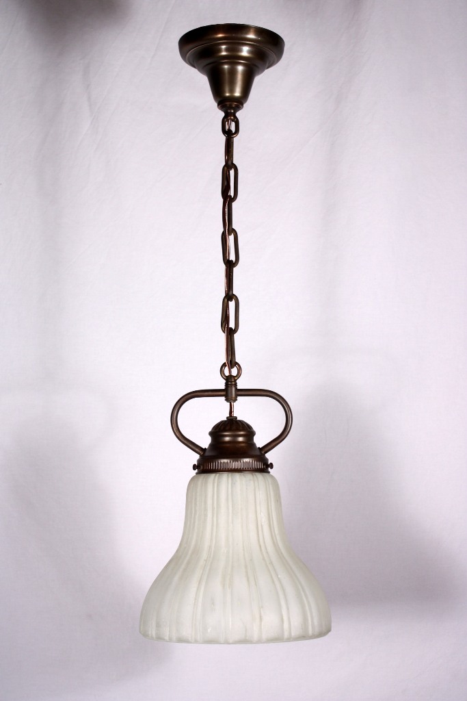 SOLD Delightful Antique Brass Pendant Light with Ribbed Shade-19199
