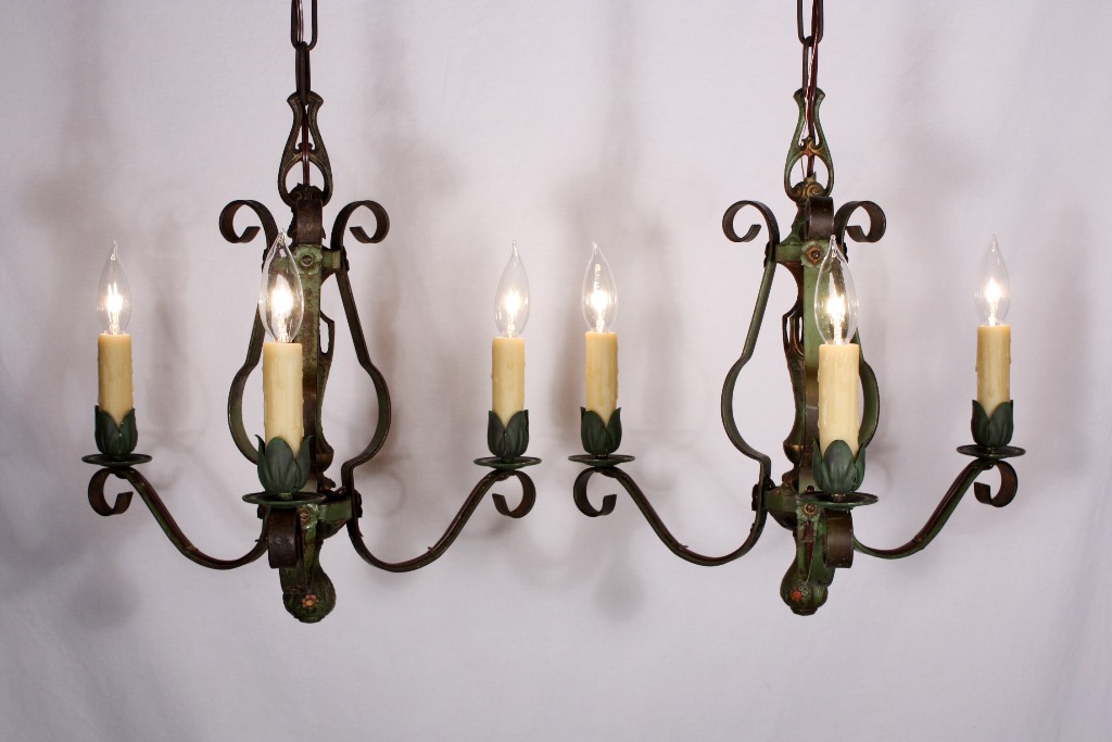 SOLD Delightful Pair of Antique Three-Light Green Polychrome Chandeliers, Iron-0