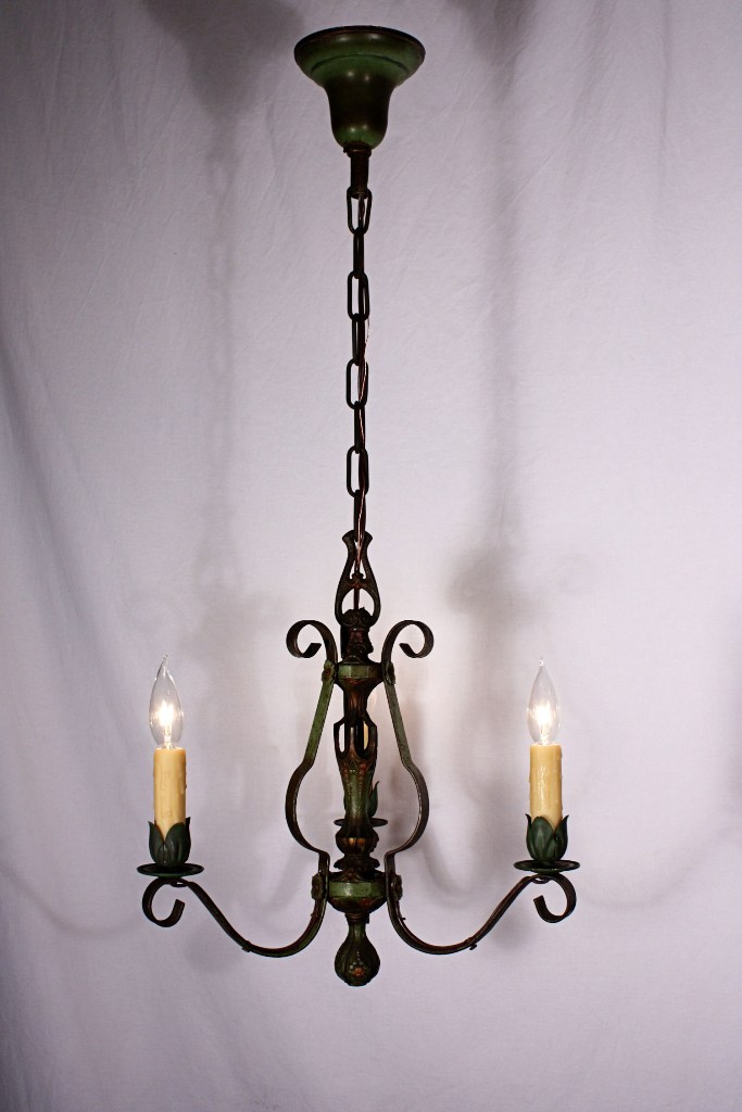 SOLD Delightful Pair of Antique Three-Light Green Polychrome Chandeliers, Iron-19220