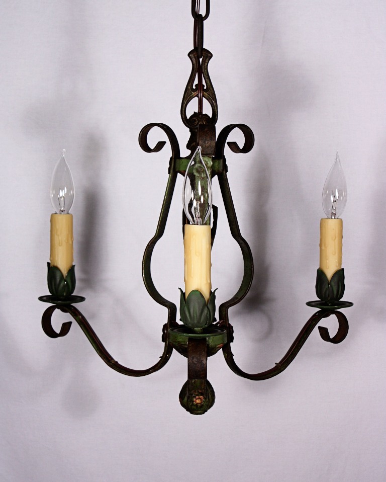 SOLD Delightful Pair of Antique Three-Light Green Polychrome Chandeliers, Iron-19223