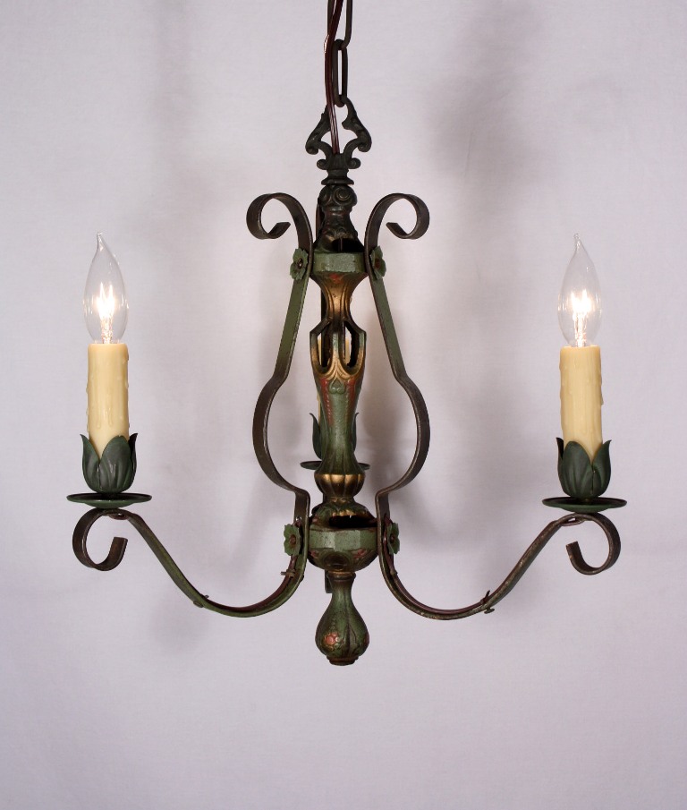 SOLD Charming Antique Three-Light Green Polychrome Chandelier, Iron-19228