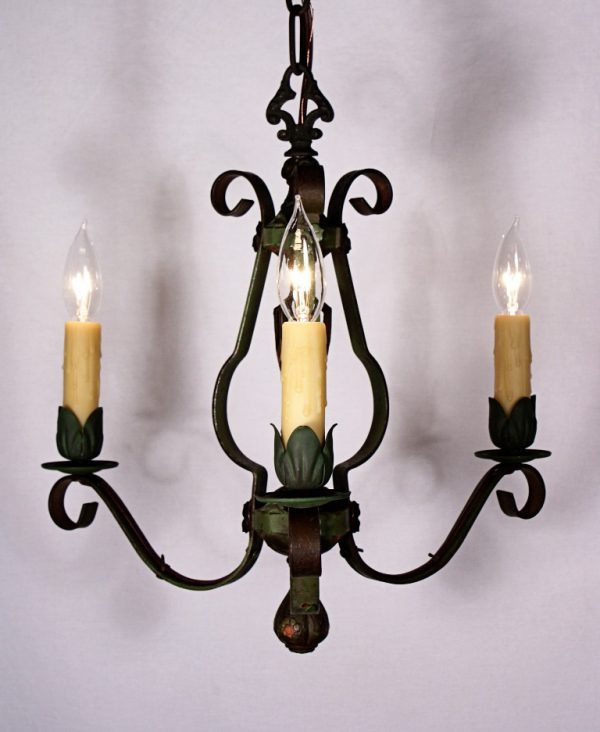 SOLD Charming Antique Three-Light Green Polychrome Chandelier, Iron-0