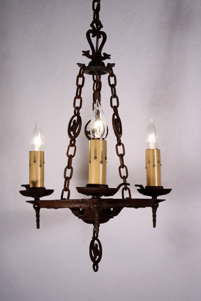 SOLD Striking Antique Three-Light Cast Iron Tudor Chandelier, Signed Virden-0