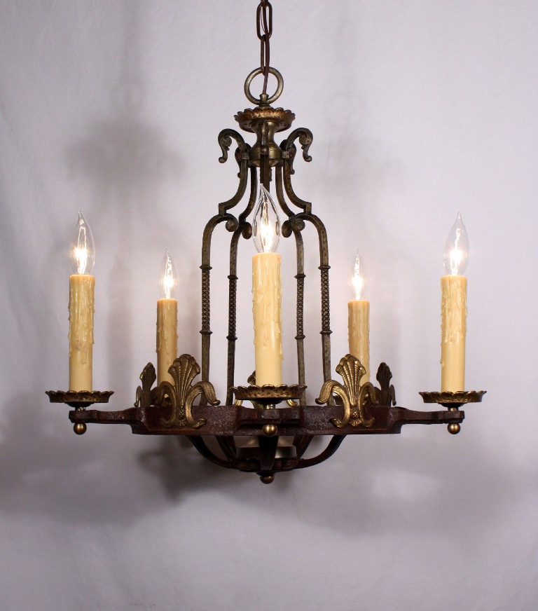 SOLD Superb Antique Spanish Revival Five-Light Chandelier, Iron & Brass-0