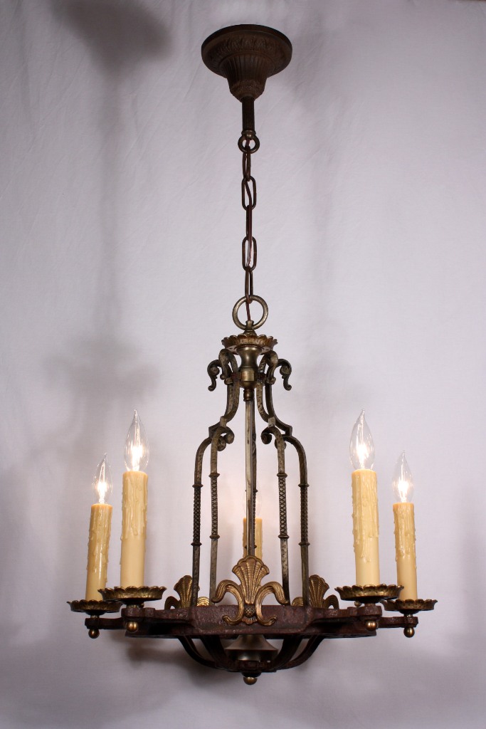 SOLD Superb Antique Spanish Revival Five-Light Chandelier, Iron & Brass-19350