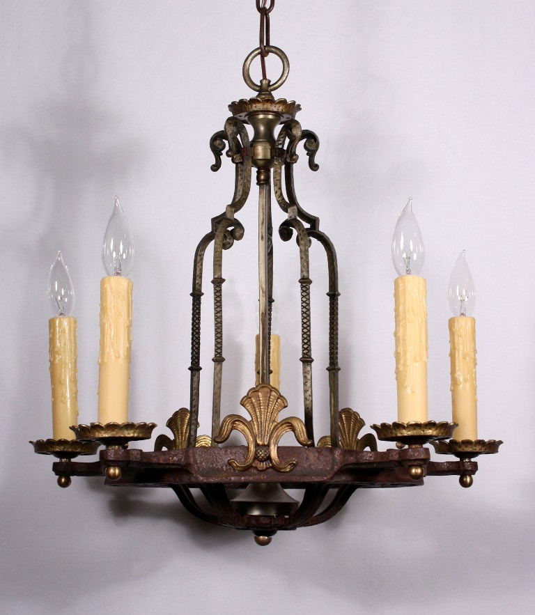 SOLD Superb Antique Spanish Revival Five-Light Chandelier, Iron & Brass-19357