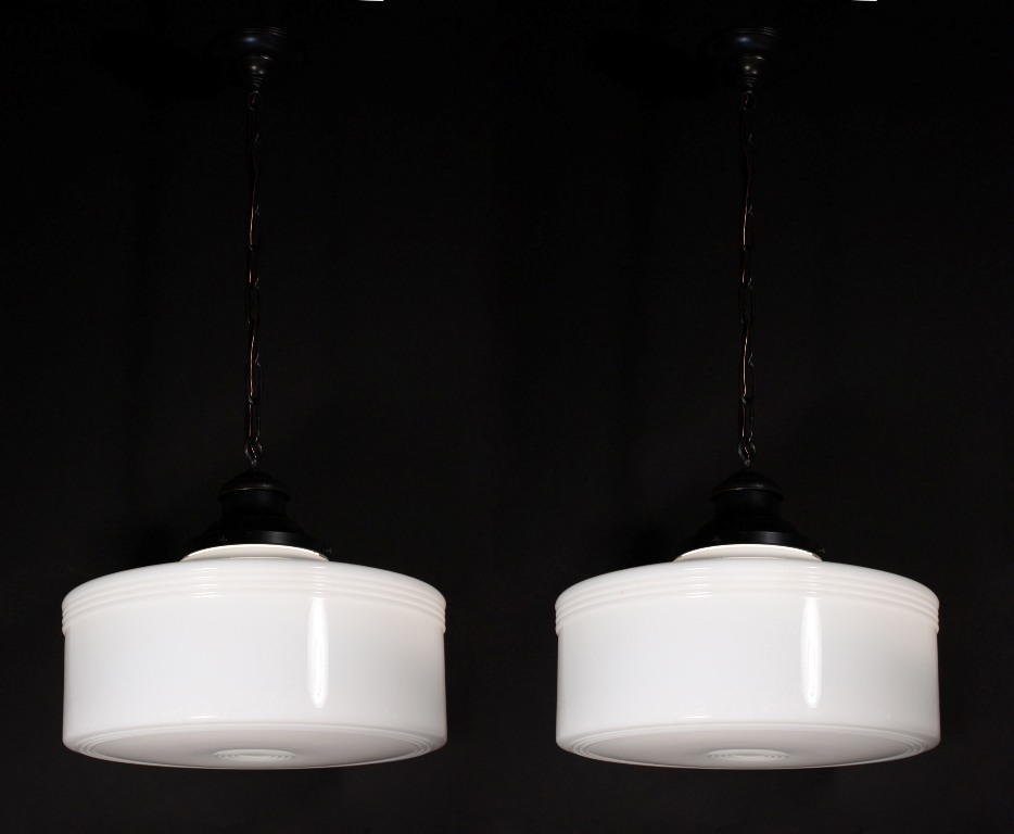 SOLD Matching Pair of Large Antique Art Deco Pendant Lights with Original Milk Glass Shades-0