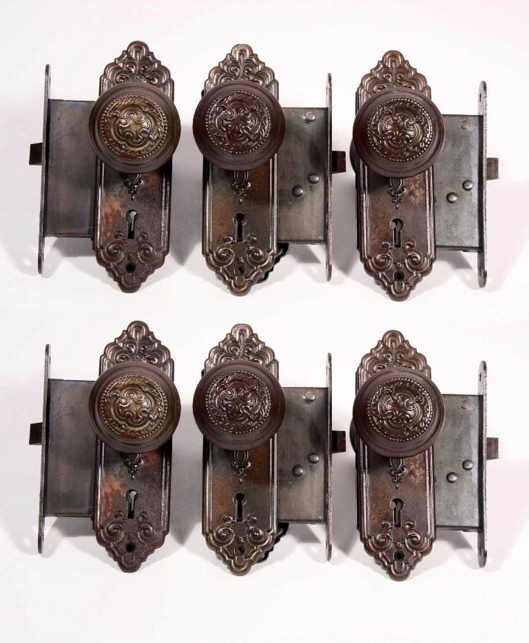 SOLD Six Matching Antique Door Hardware Sets with Knobs, Plates, & Locks, c. 1889 -0