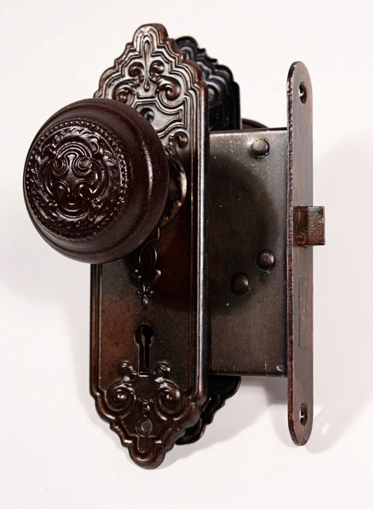 SOLD Six Matching Antique Door Hardware Sets with Knobs, Plates, & Locks, c. 1889 -19129