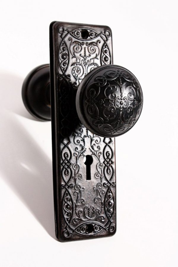 SOLD Fantastic Antique Door Knob Set with Matching Backplates, Celtic Knot Design-0