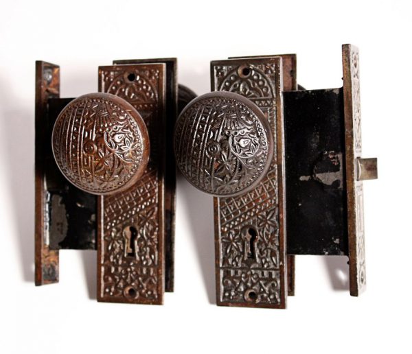 SOLD Pair of Antique Door Hardware Sets with Knobs, Plates, & Mortise Locks, 19th Century-0