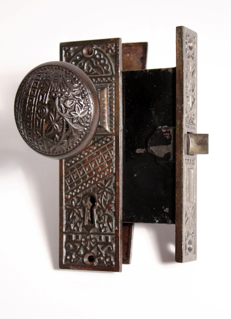 SOLD Pair of Antique Door Hardware Sets with Knobs, Plates, & Mortise Locks, 19th Century-19142