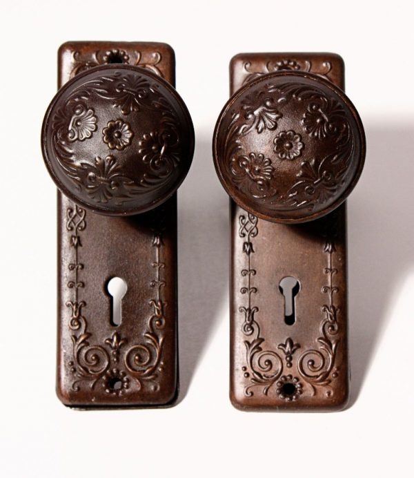 SOLD Two Matching Antique "Vinca" Doorknob Sets with Matching Plates, by RHC, c. 1900-0