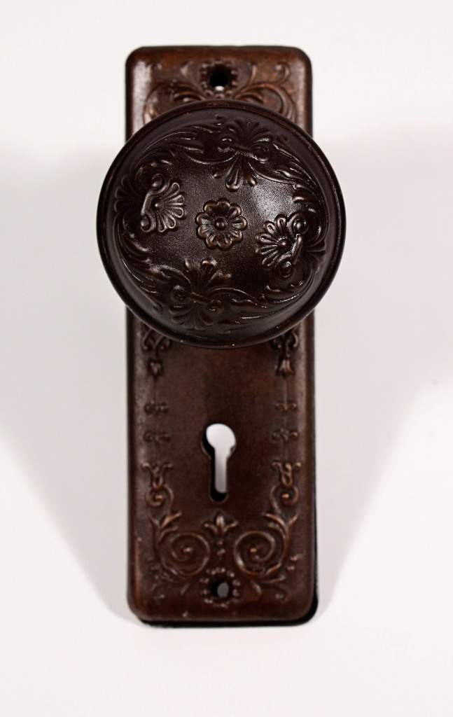 SOLD Two Matching Antique "Vinca" Doorknob Sets with Matching Plates, by RHC, c. 1900-19153