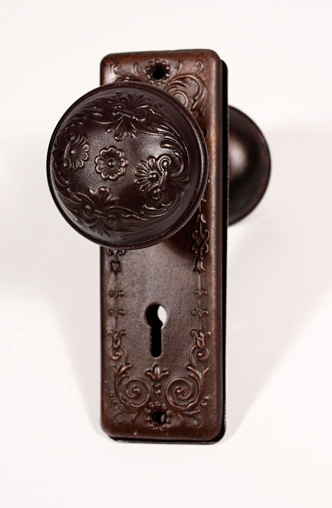 SOLD Two Matching Antique "Vinca" Doorknob Sets with Matching Plates, by RHC, c. 1900-19154