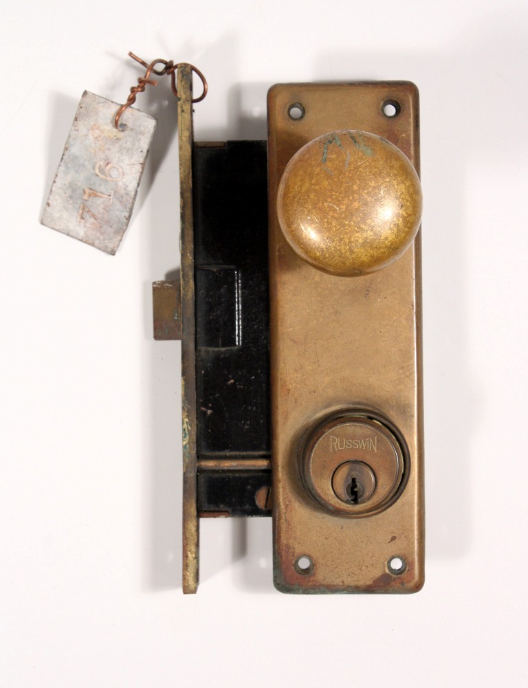 SOLD Antique Exterior Cast Bronze Lock Sets with Door Knobs & Plates, Signed Russwin-0