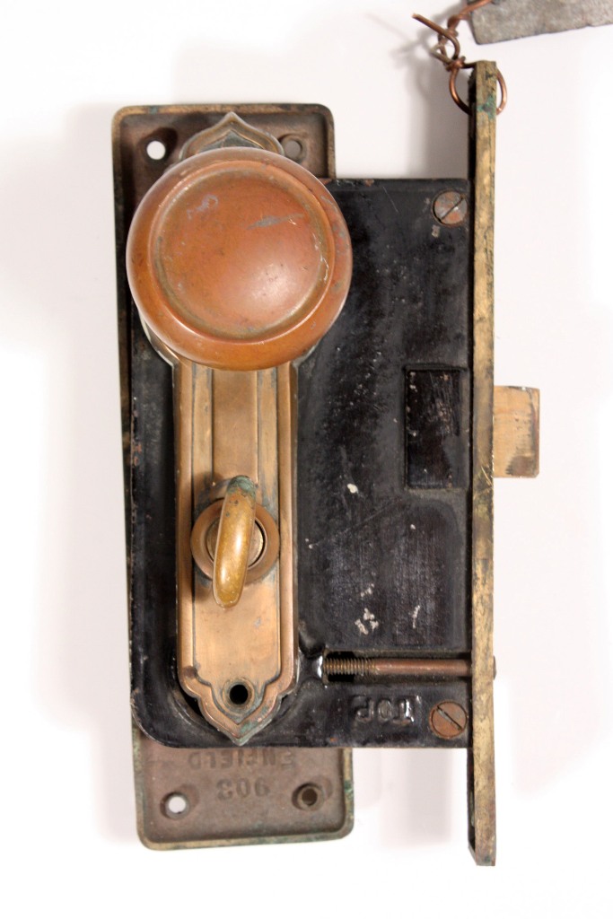SOLD Antique Exterior Cast Bronze Lock Sets with Door Knobs & Plates, Signed Russwin-18964