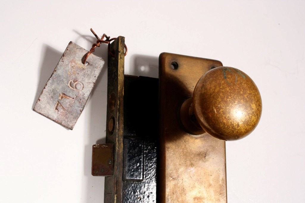 SOLD Antique Exterior Cast Bronze Lock Sets with Door Knobs & Plates, Signed Russwin-18967
