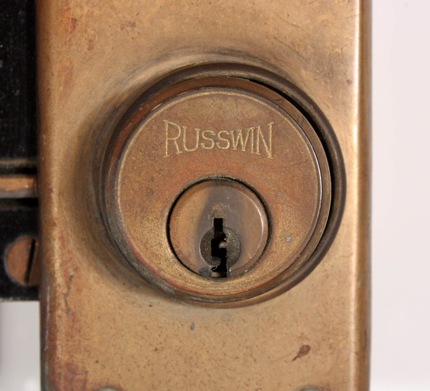 SOLD Antique Exterior Cast Bronze Lock Sets with Door Knobs & Plates, Signed Russwin-18971