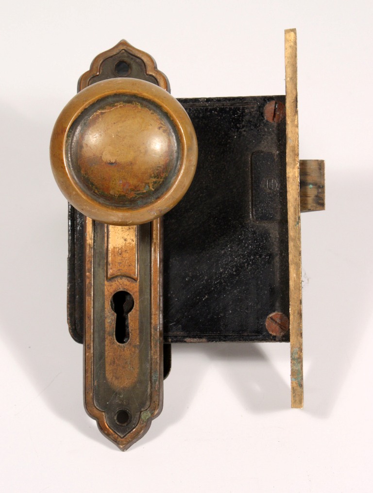 SOLD Ten Matching Antique Bronze Door Knob Sets with Plates & Mortise Lock, c. 1929-0