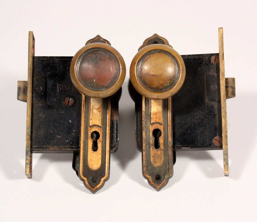 SOLD Ten Matching Antique Bronze Door Knob Sets with Plates & Mortise Lock, c. 1929-18977