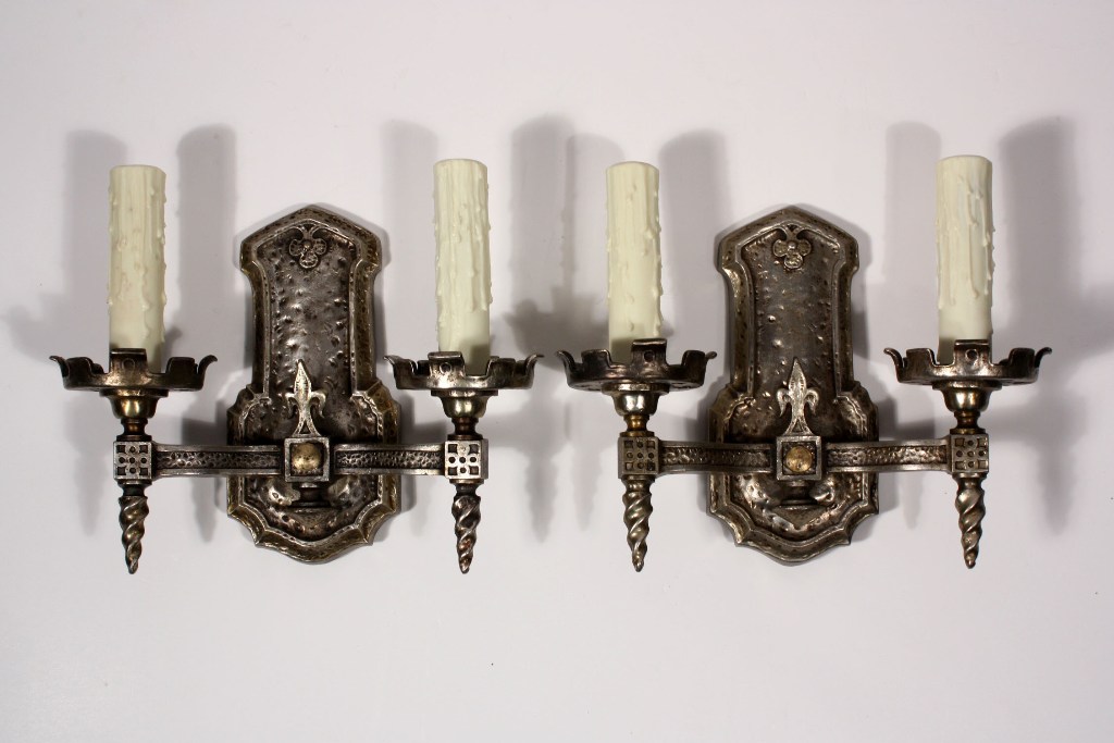 SOLD Striking Pair of Antique Tudor Double-Arm Nickel Plated Sconces with Fleur-de-Lis-0