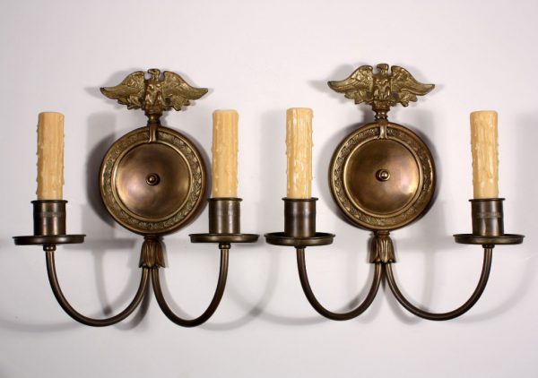 SOLD Marvelous Pair of Antique Figural Double-Arm Brass Sconces with Eagles-0