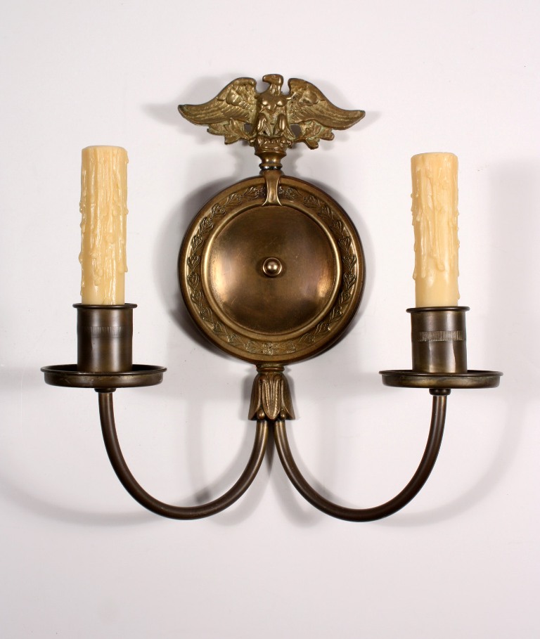 SOLD Marvelous Pair of Antique Figural Double-Arm Brass Sconces with Eagles-18995