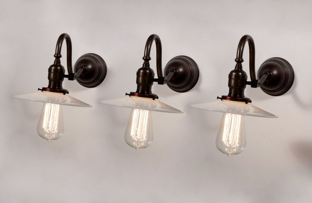 SOLD Fascinating Set of Three Antique Single-Arm Sconces with Milk Glass Shades, c. 1905-0