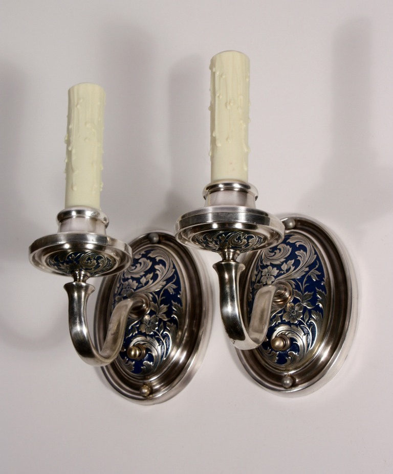 SOLD Beautiful Pair of Antique Art Nouveau Silver Plated Sconces with Original Blue Enamel-0