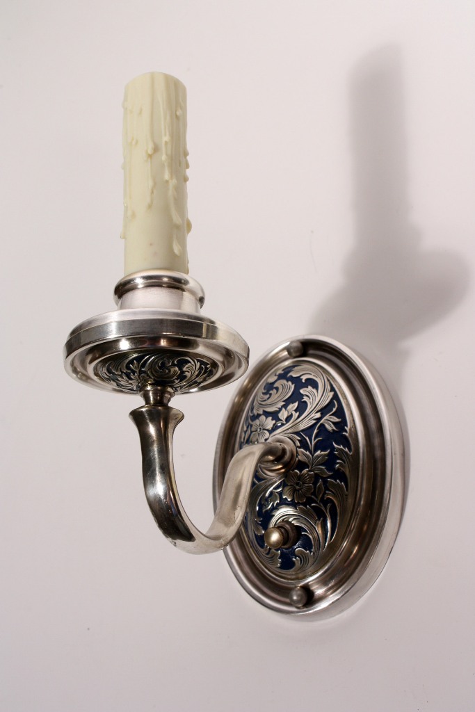 SOLD Beautiful Pair of Antique Art Nouveau Silver Plated Sconces with Original Blue Enamel-19237