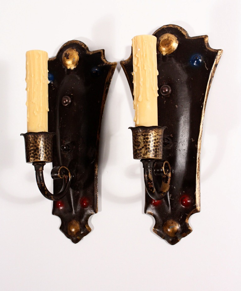 SOLD Fabulous Pair of Antique Arts & Crafts Single-Arm Sconces with Blue & Red Accents-0