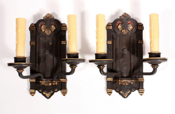 SOLD Amazing Pair of Antique Gothic Revival Double-Arm Sconces with Linen-Fold Backplate-0