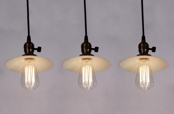 SOLD Set of Three Matching Antique Industrial Pendant Lights with Milk Glass Shades, c. 1905-0